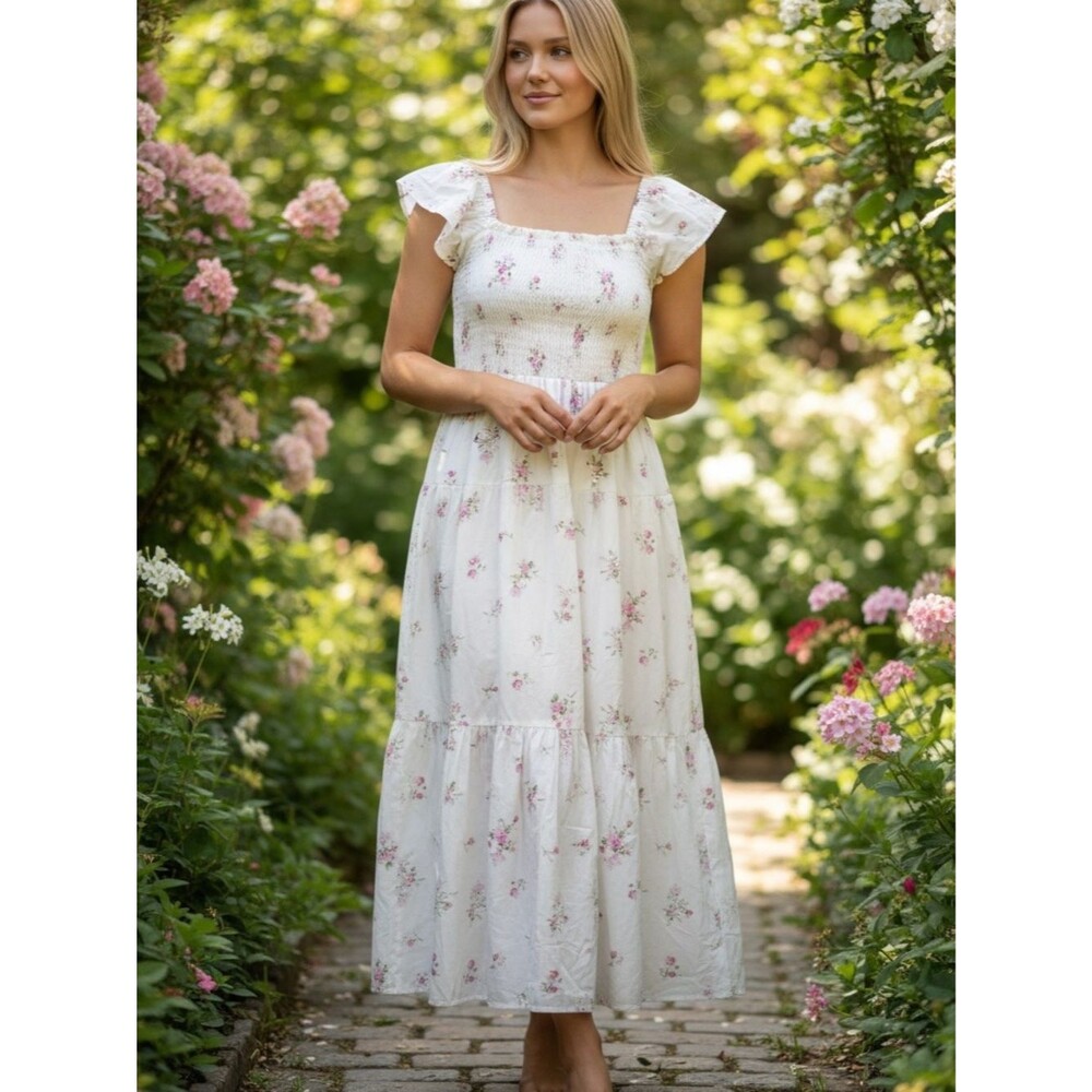 Trixxi Women's White Maxi Dress with Pink Floral Print Small NWT